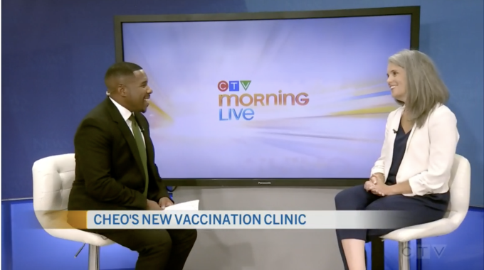 Dr. Kelley Zwicker being interviewed on CTV about getting kids caught up on routine vaccinations